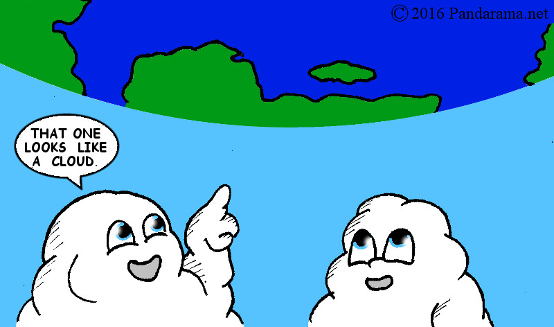 cartoon of a cloud thinks a land mass looks likes a cloud.