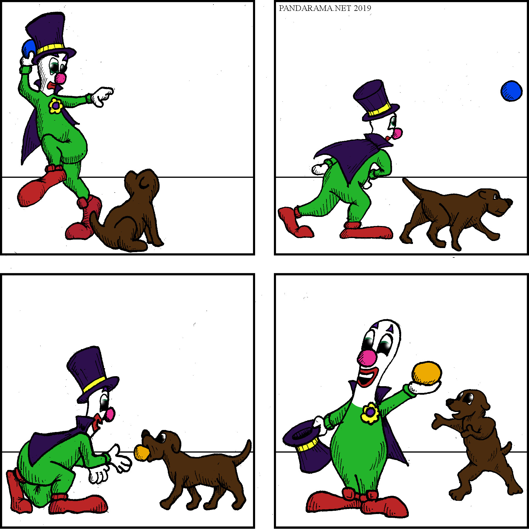 webcomic, magician, clown, plays fetch, dog, retrieve, switch ball, magic trick