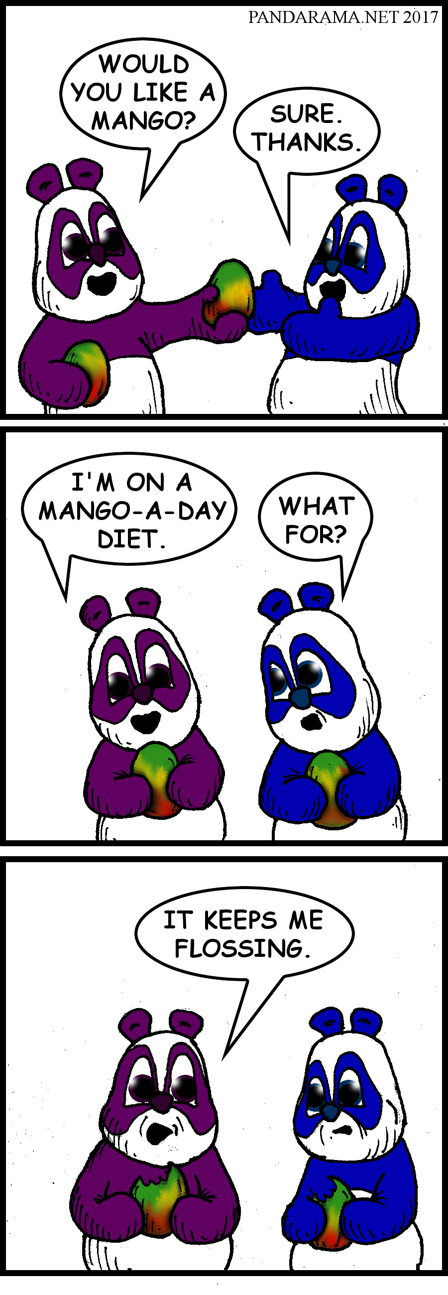 panda on mango-a-day diet, because it necessitates flossing. flossing comic. how to floss. panda bear comic strip