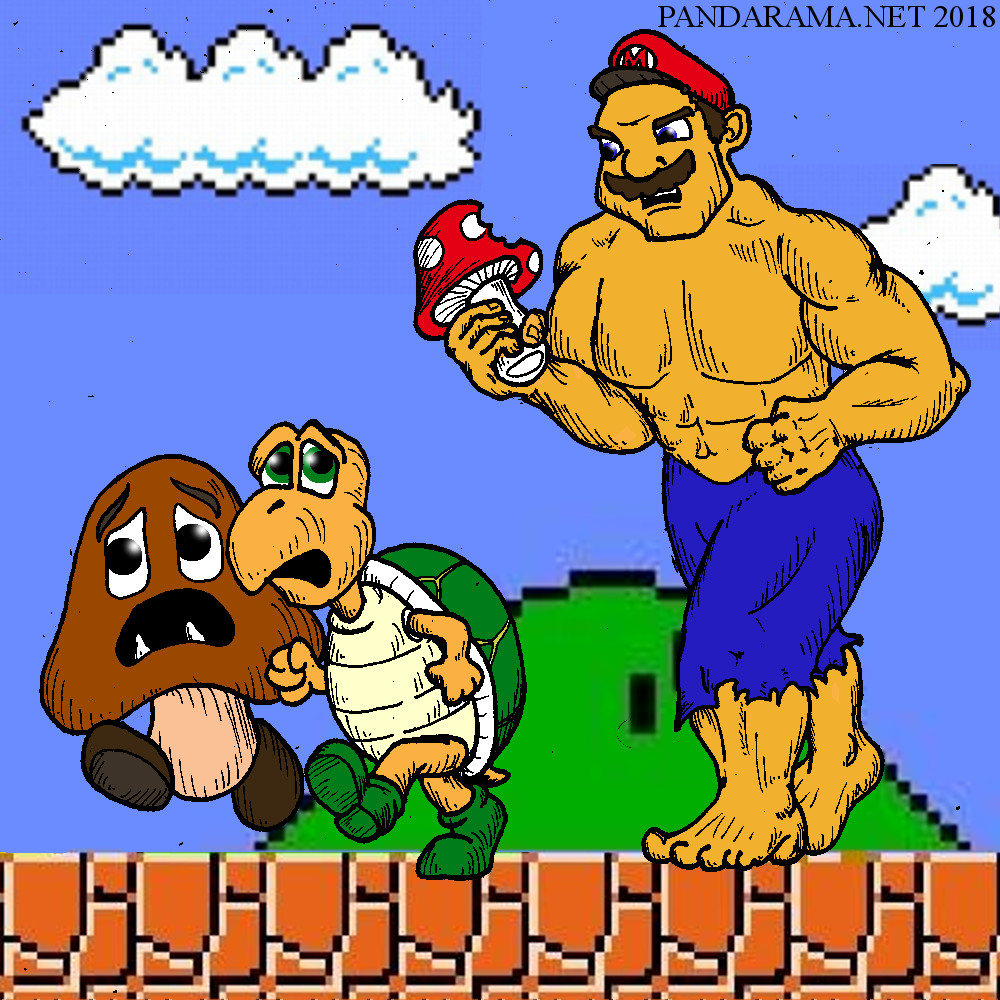Mario hulking out on some bad guys after eating a mushroom.