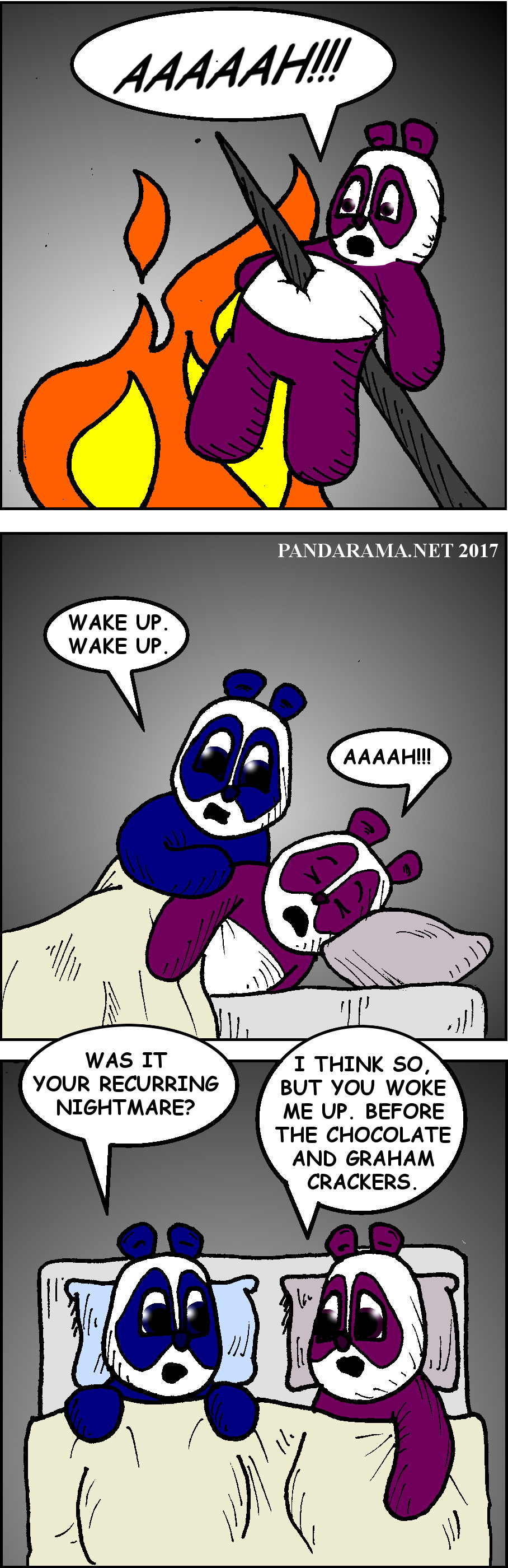 panda has recurring nightmare about being a marshmallow in smore. pandarama comics.