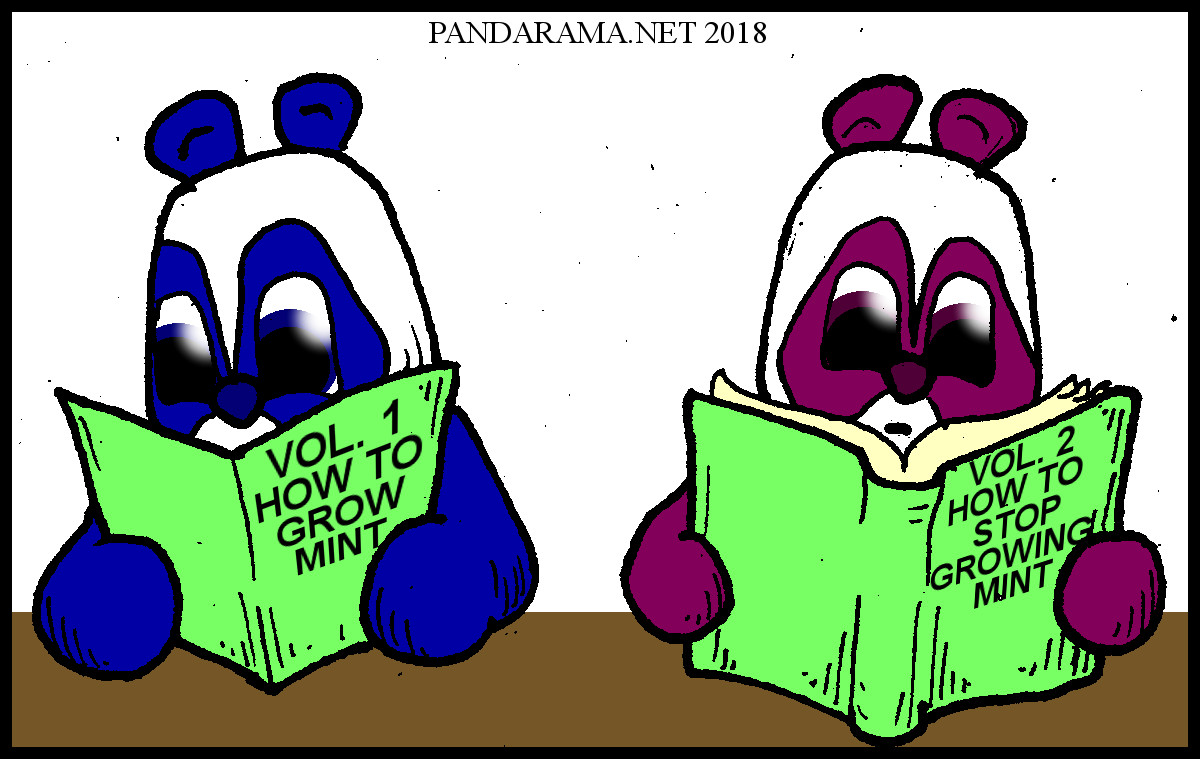 one panda is reading a short book entitled 'volume 1: how to grow mint' and the other panda is reading a long book entitled 'volume 2: how to stop growing mint'