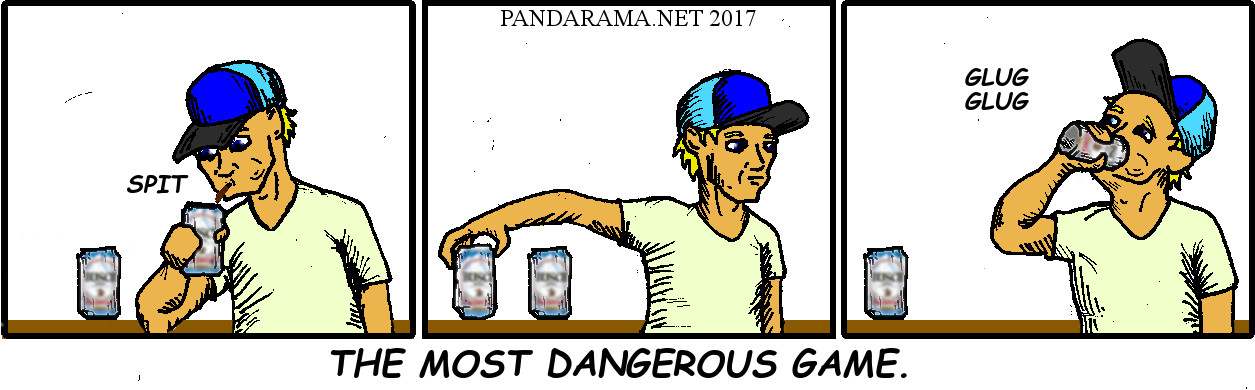 spitting tobacco into and drinking beer out of identical cans. most dangerous game. cartoon. bad idea. bad ideas. chewing tobacco cartoon. dip. chaw.