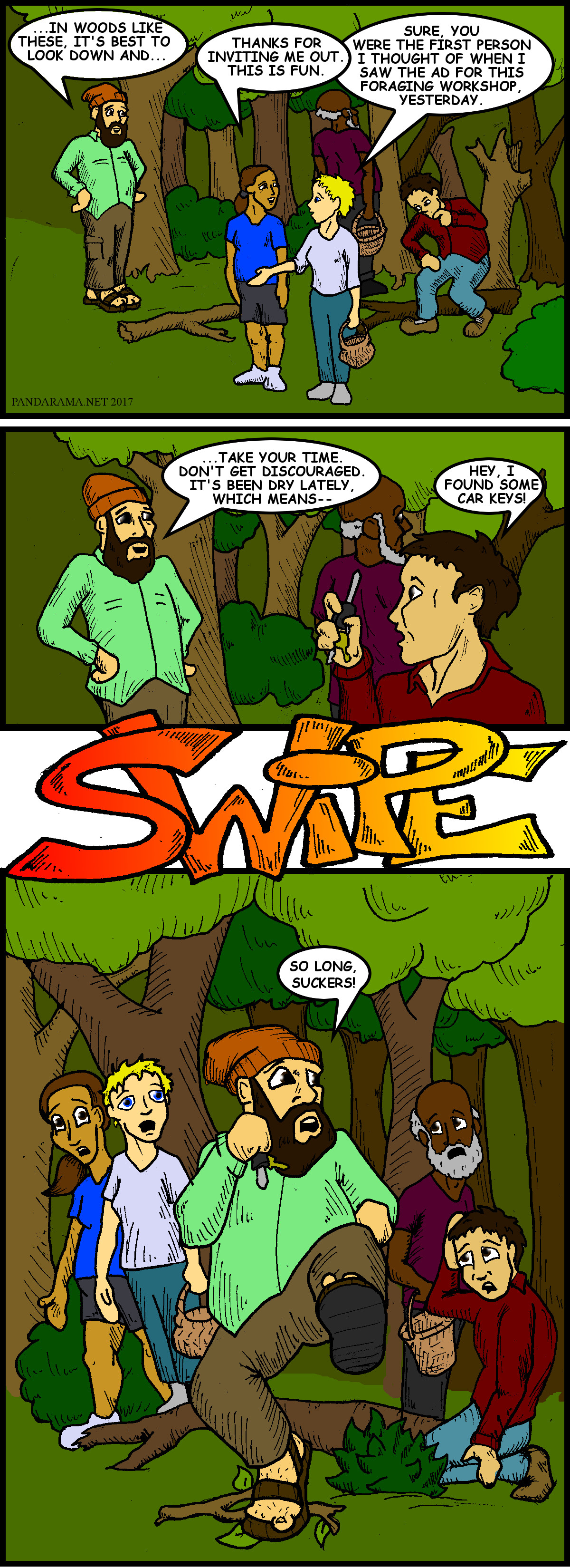 webcomic where mushroom foraging class teacher is actually tricking people into looking for his lost car keys.