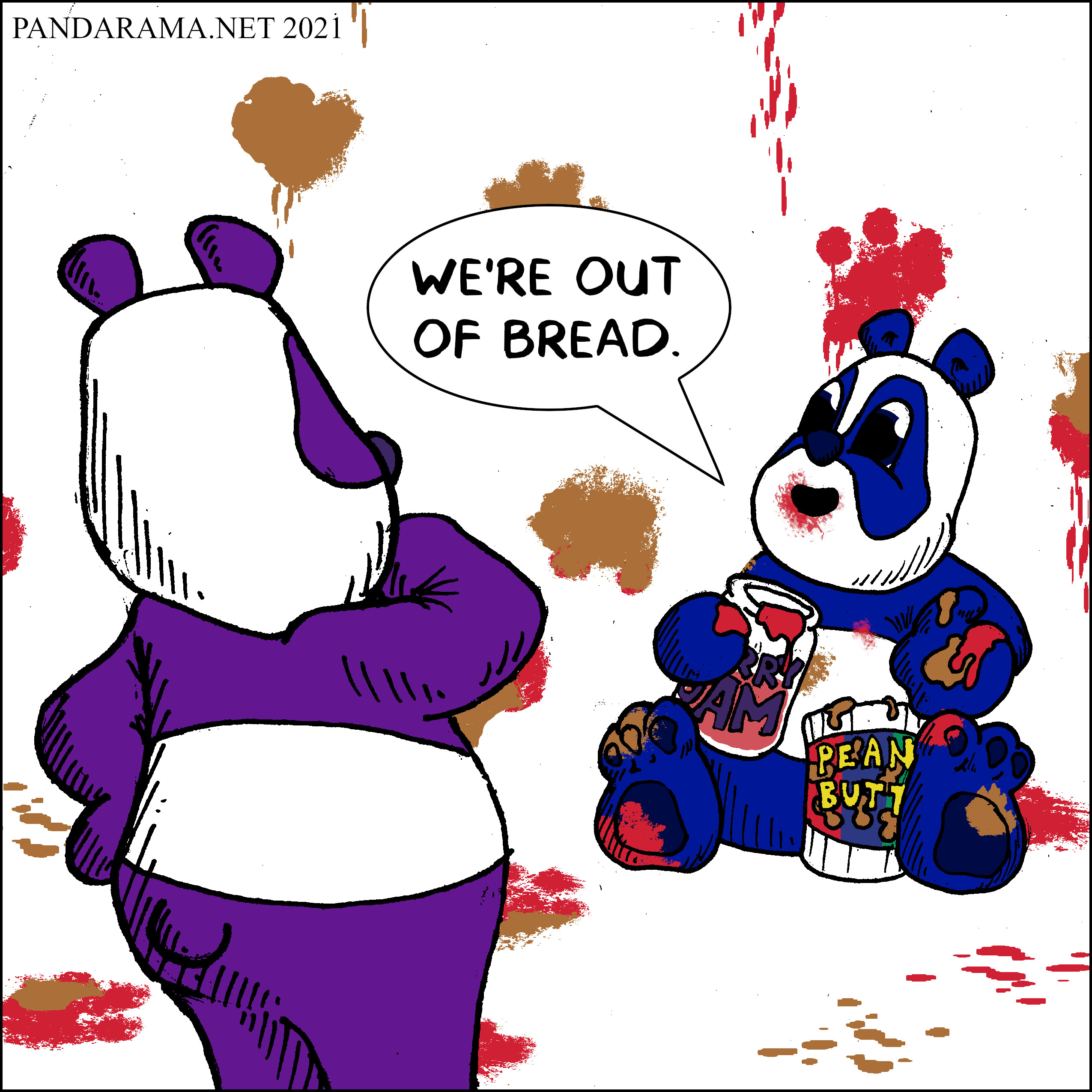 comic strip.brown and red prints everywhere because panda has no bread for peanutbutter and jelly sandwiches.