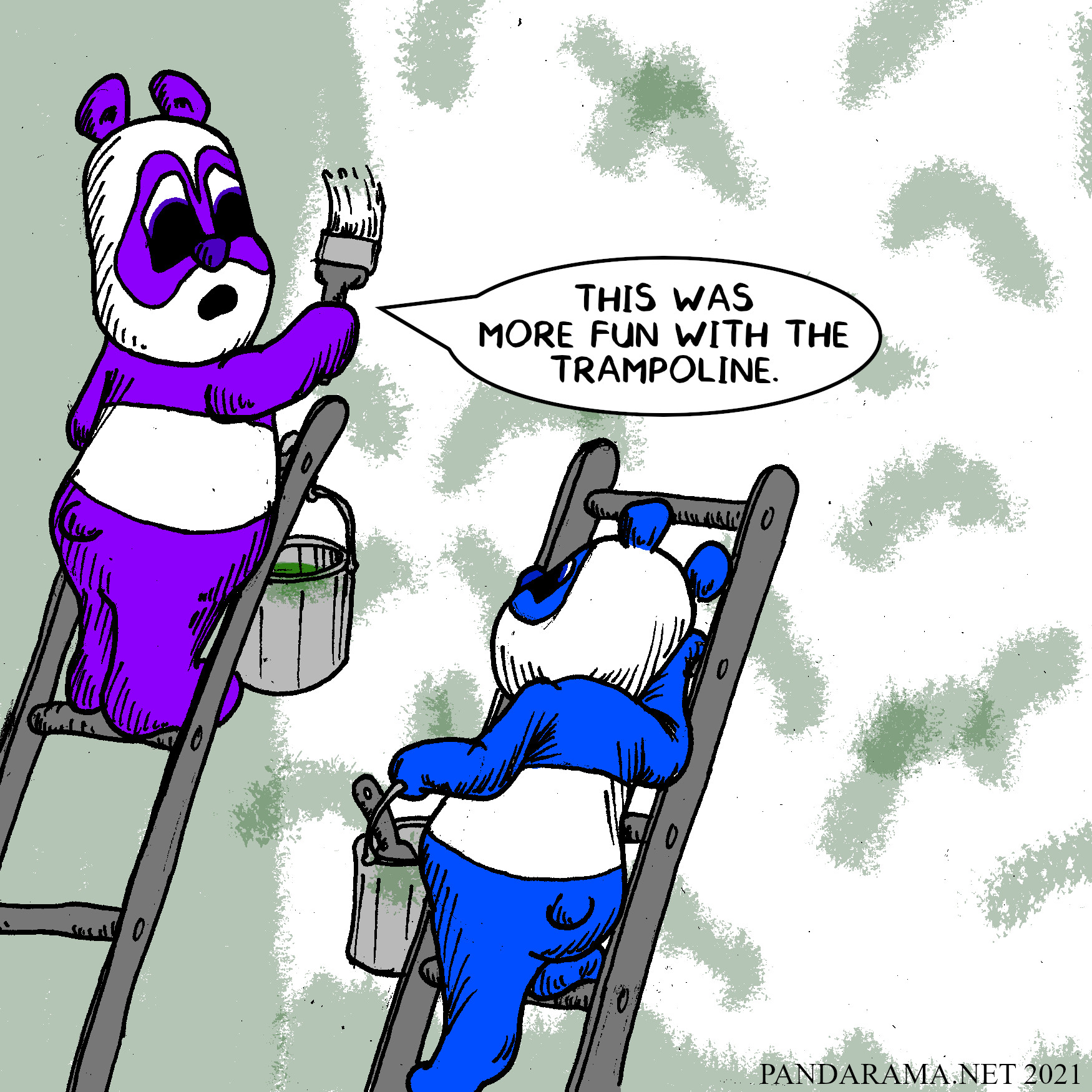 cartoon. pandas painting a wall on ladders wish they had a trampoline instead.