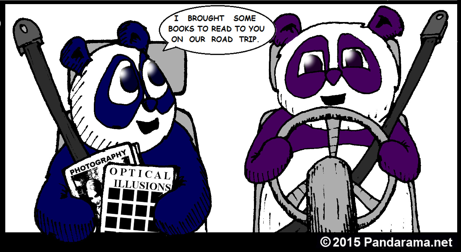 Pandarama Pandarama.net cartoon of two pandas on a roadtrip and the passenger has brought a book of optical illusions and a book of photography to read to the driver.