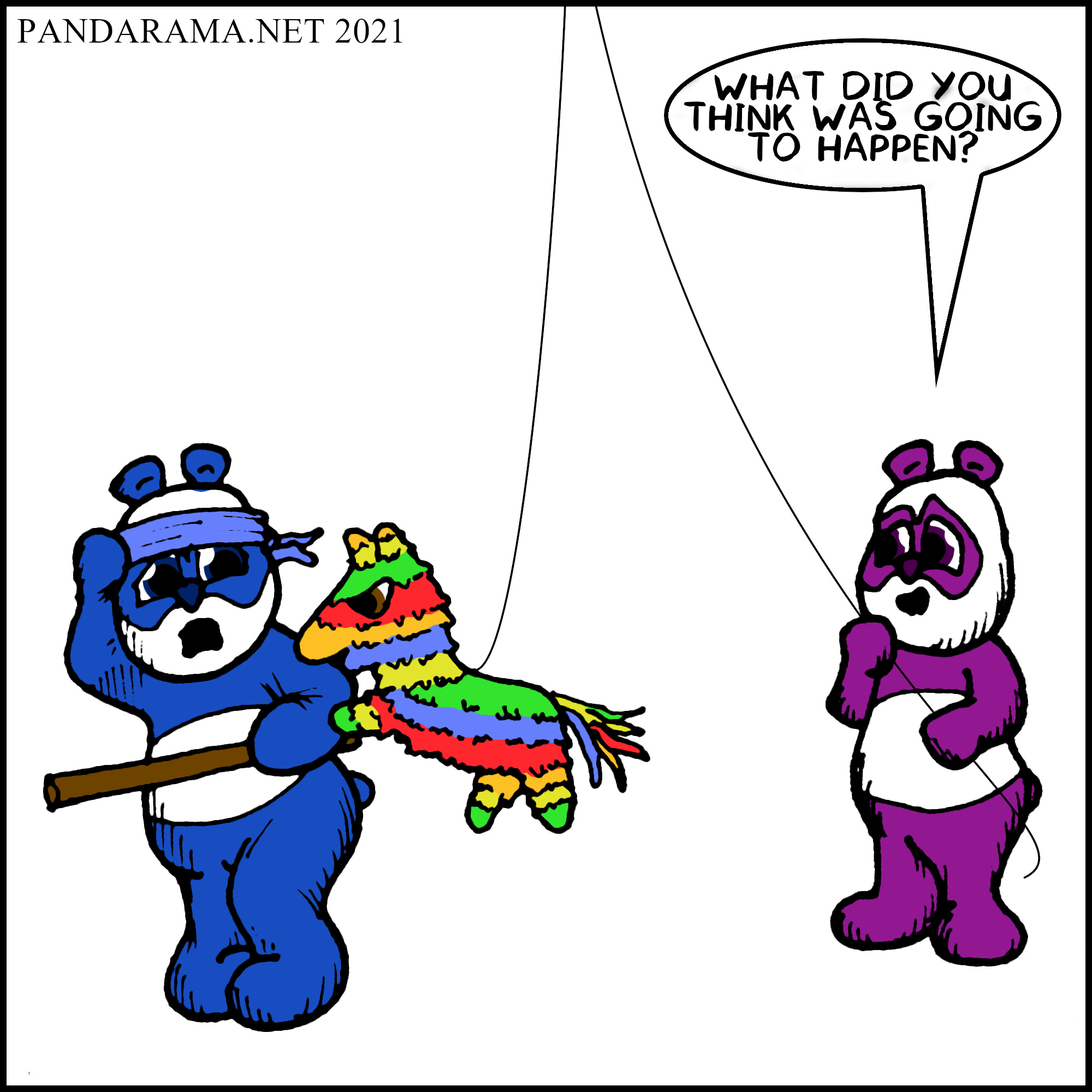 cartoon. pinata biting panda in retaliation for getting hit with a stick .