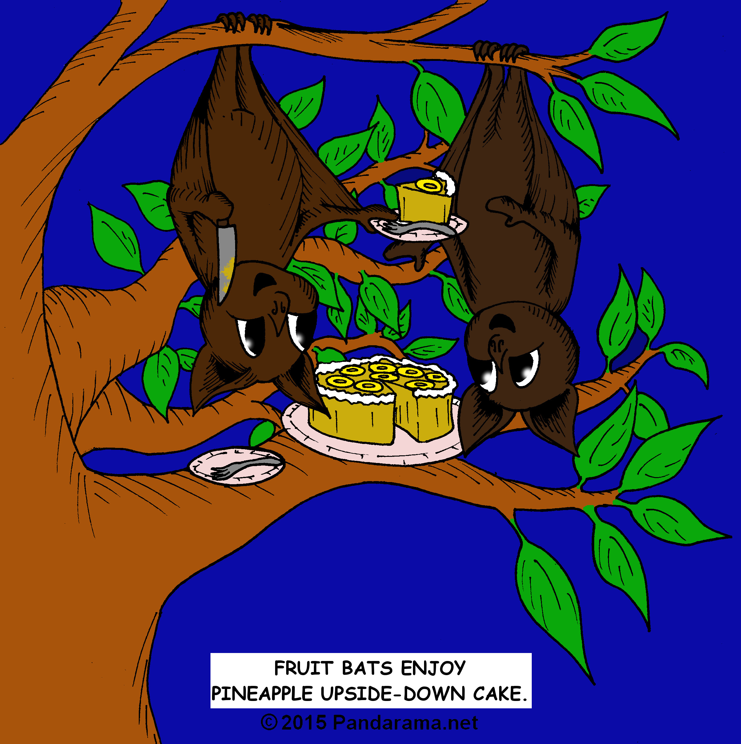 Pandarama / Pandarama.net cartoon of two fruit bats hanging upside down from a tree eating pineapple upside down cake.