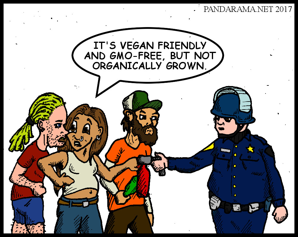 a webcomic where hippy warns other rioters that police pepper spray is GMO-free and vegan, but not sourced from organically products.