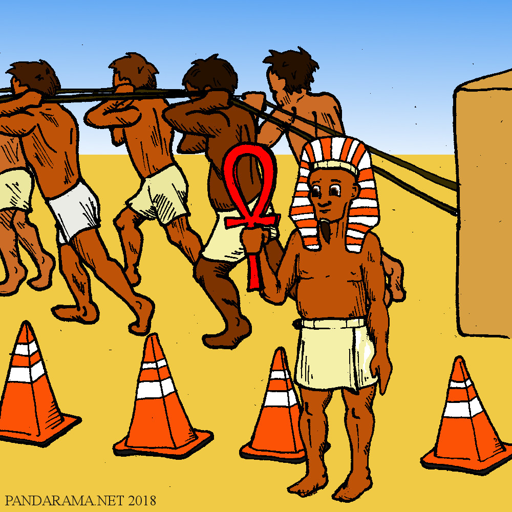 a webcomic depicting pyramids being used instead of cones during an ancient egyptian construction project.