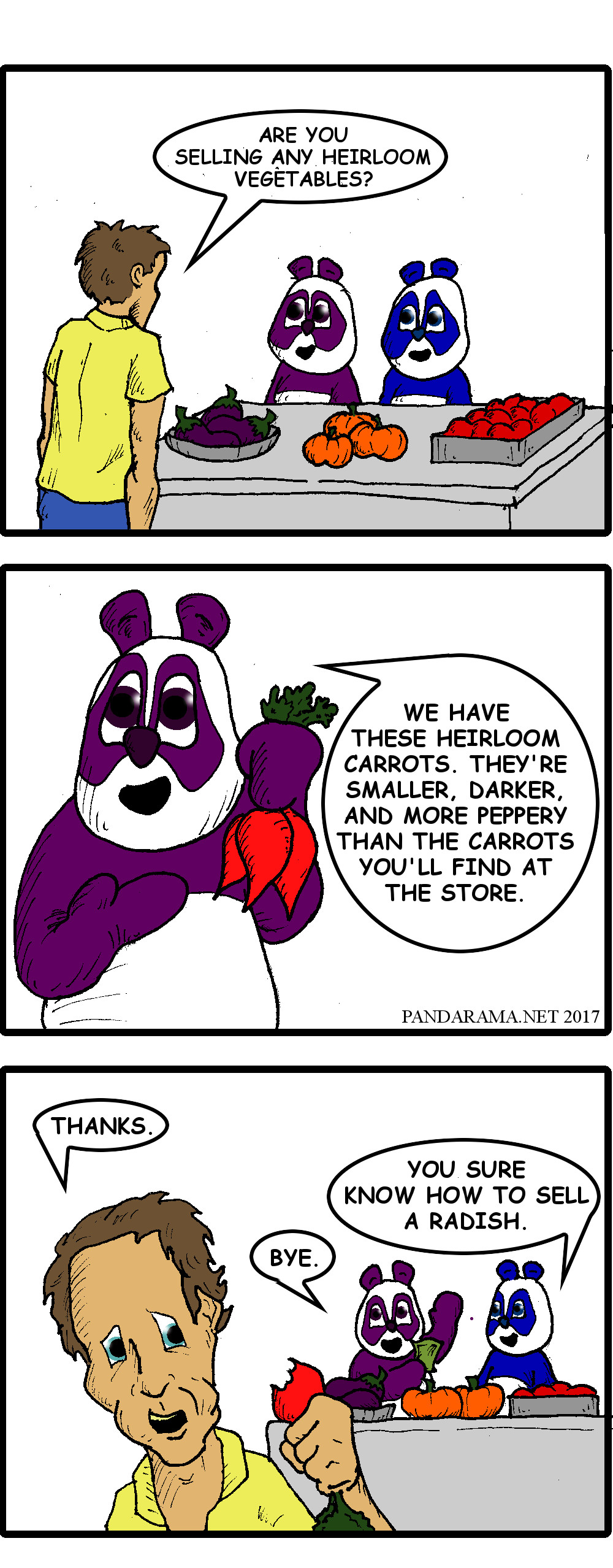 radish sold as heirloom carrot at farm stand. cartoon. pandarama. panda cartoon. heirloom vegetable cartoon. 