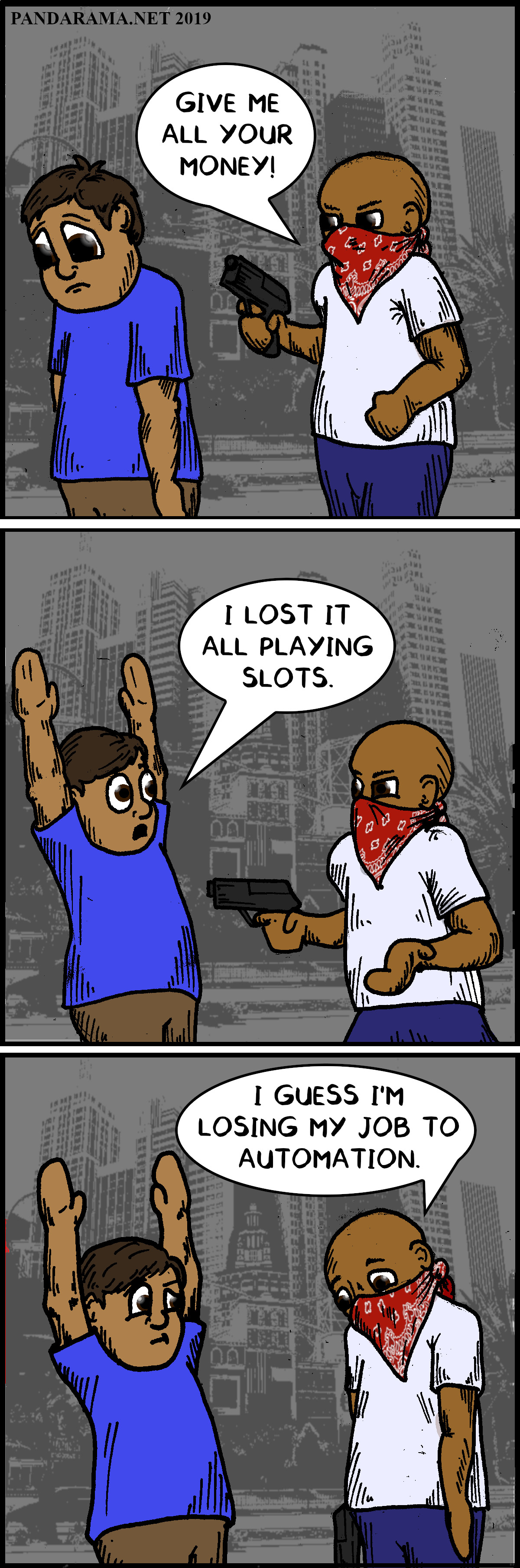 webcomic. mugger loses job to slot machine.