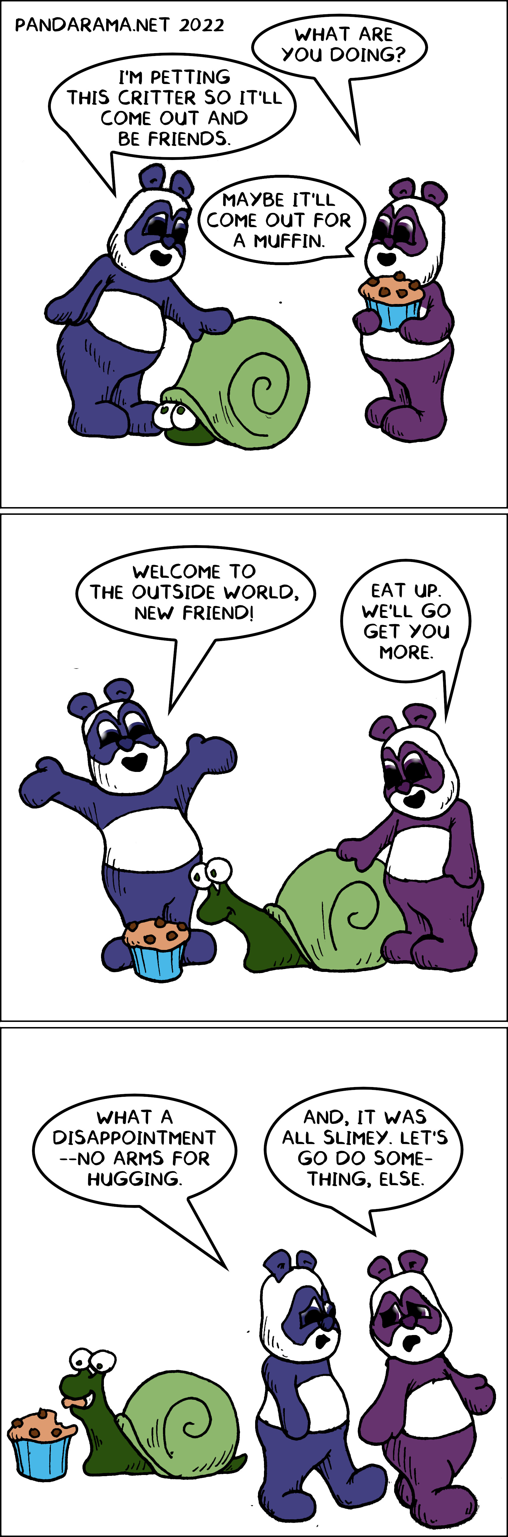 pandarama cartoon. A snail is lured from its shell with promises of friendship and then is rejected for being a snail