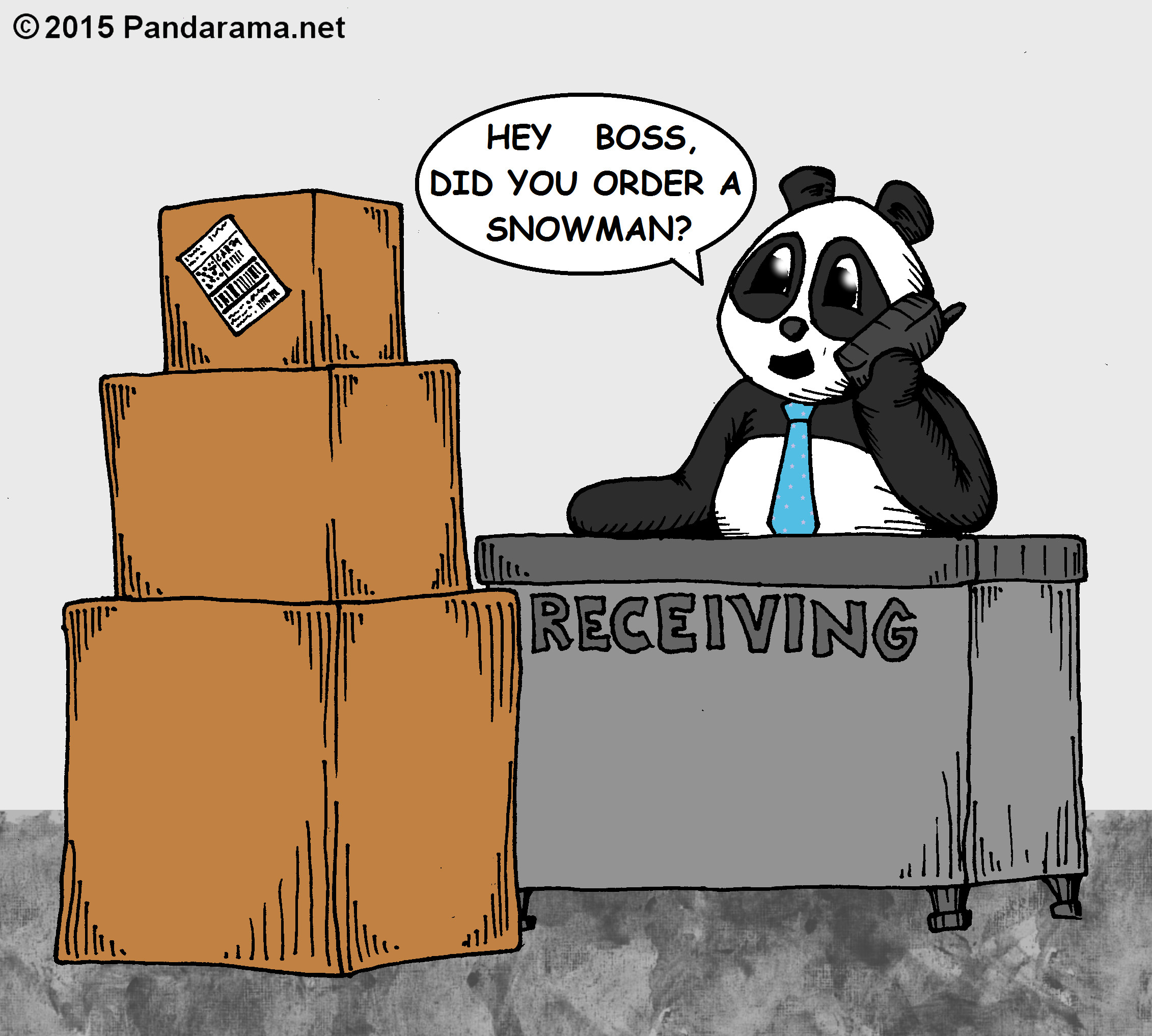 Pandarama cartoon of three boxes stacked in a receiving department and the panda clerk thinks it's a snowman.