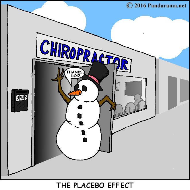 Pandarama cartoon snowman leaving chiropractor. placebo effect.