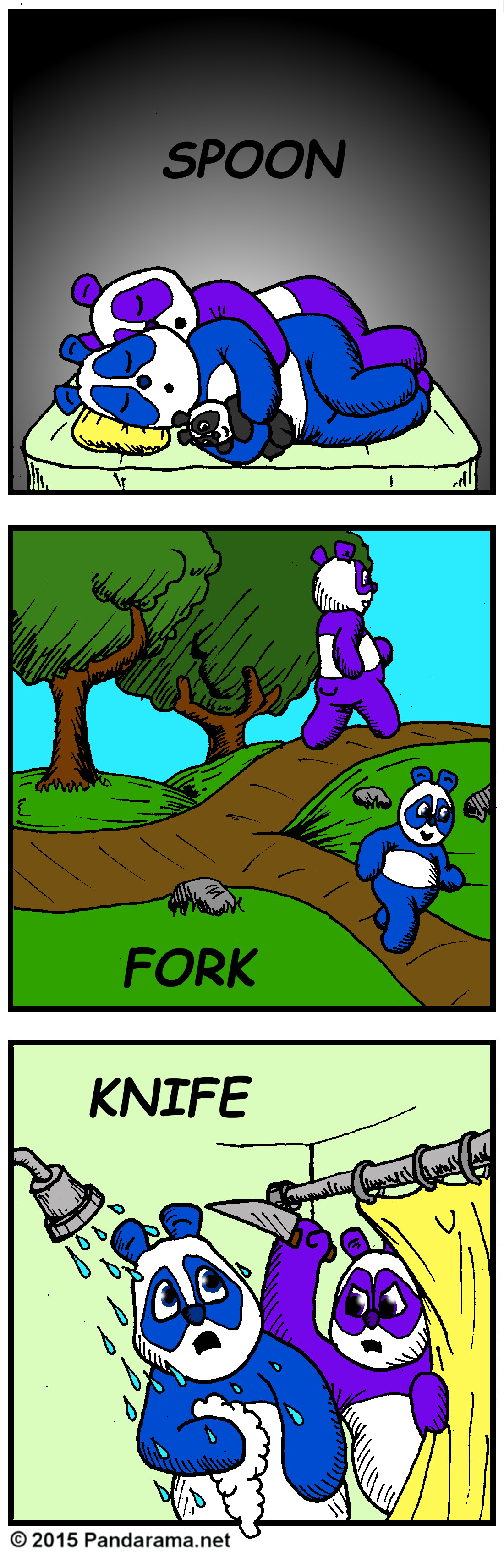 Pandarama cartoon of Pandas spooning, Pandas splitting at of Fork in the road, and a panda knifing the other.