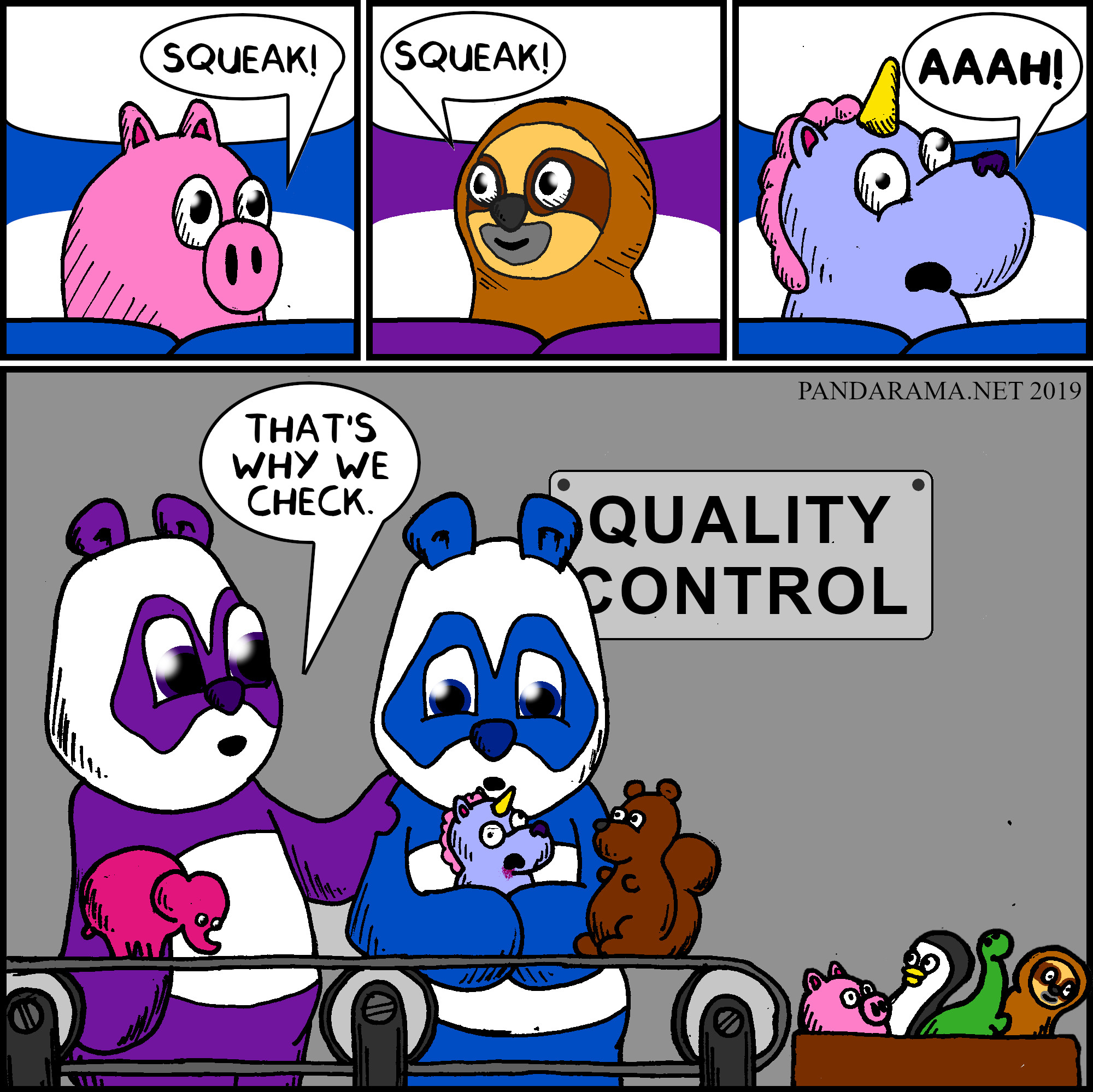pandarama webcomic. squeaky to screams at quality control department.