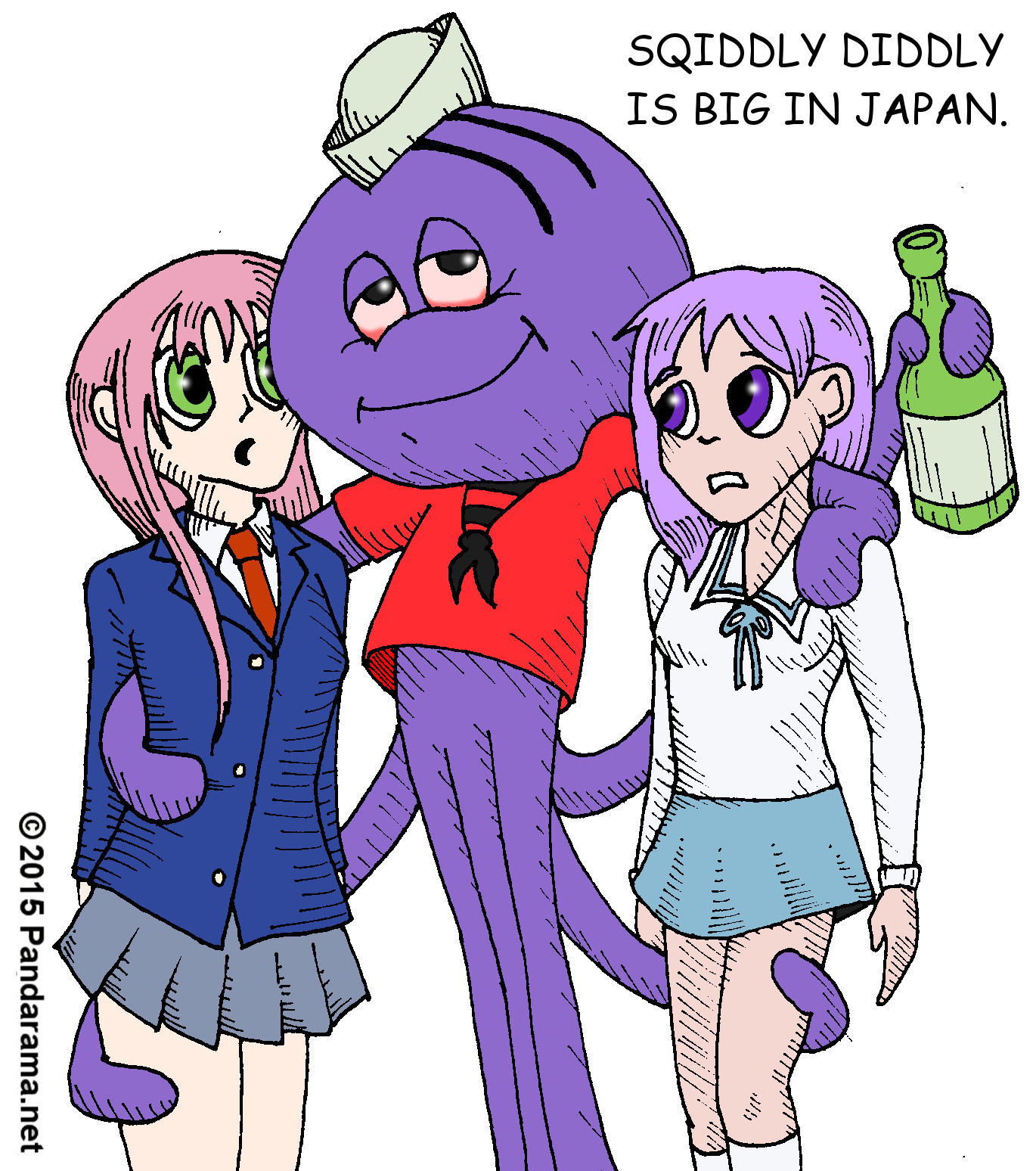 Pandarama.net Pandarama satirical cartoon of Squiddly Diddly with Japanese schoolgirls.