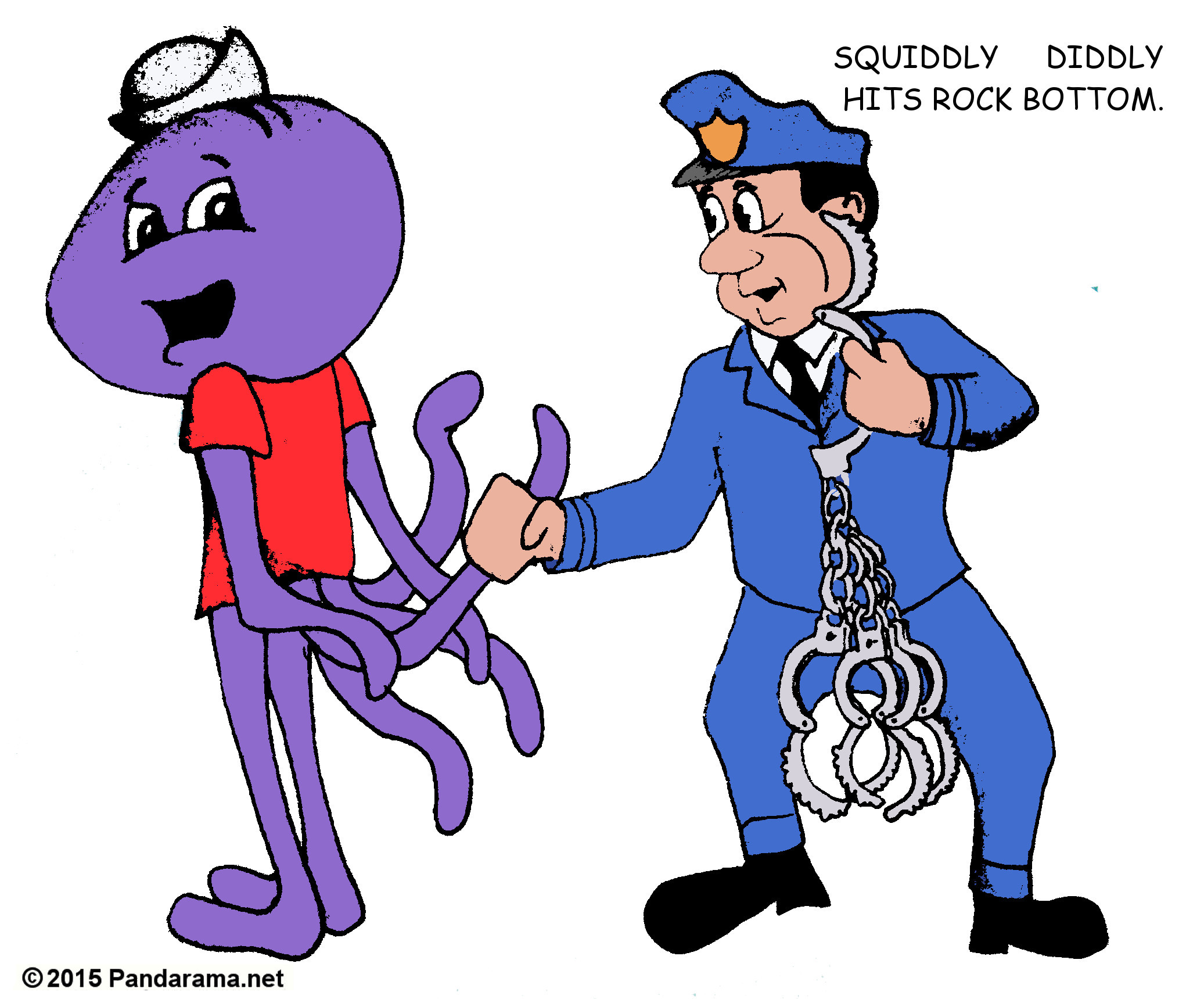Pandarama.net Pandarama satirical cartoon of Squiddly Diddly getting handcuffed by a copy with special cuffs.