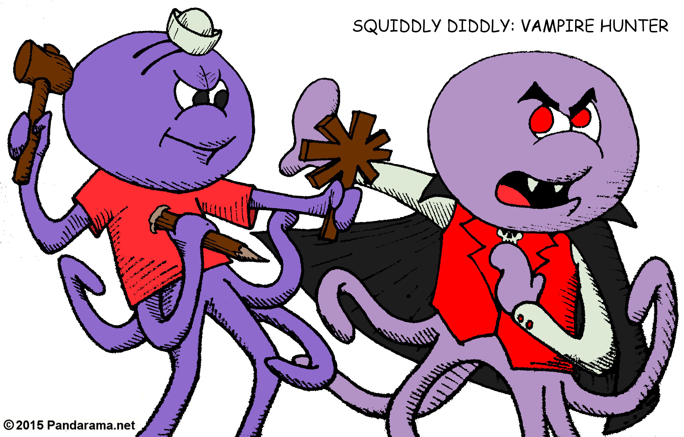 Pandarama.net Pandarama satirical cartoon of Squiddly Diddly showing a crucifix with extra limbs to a vampire squid.