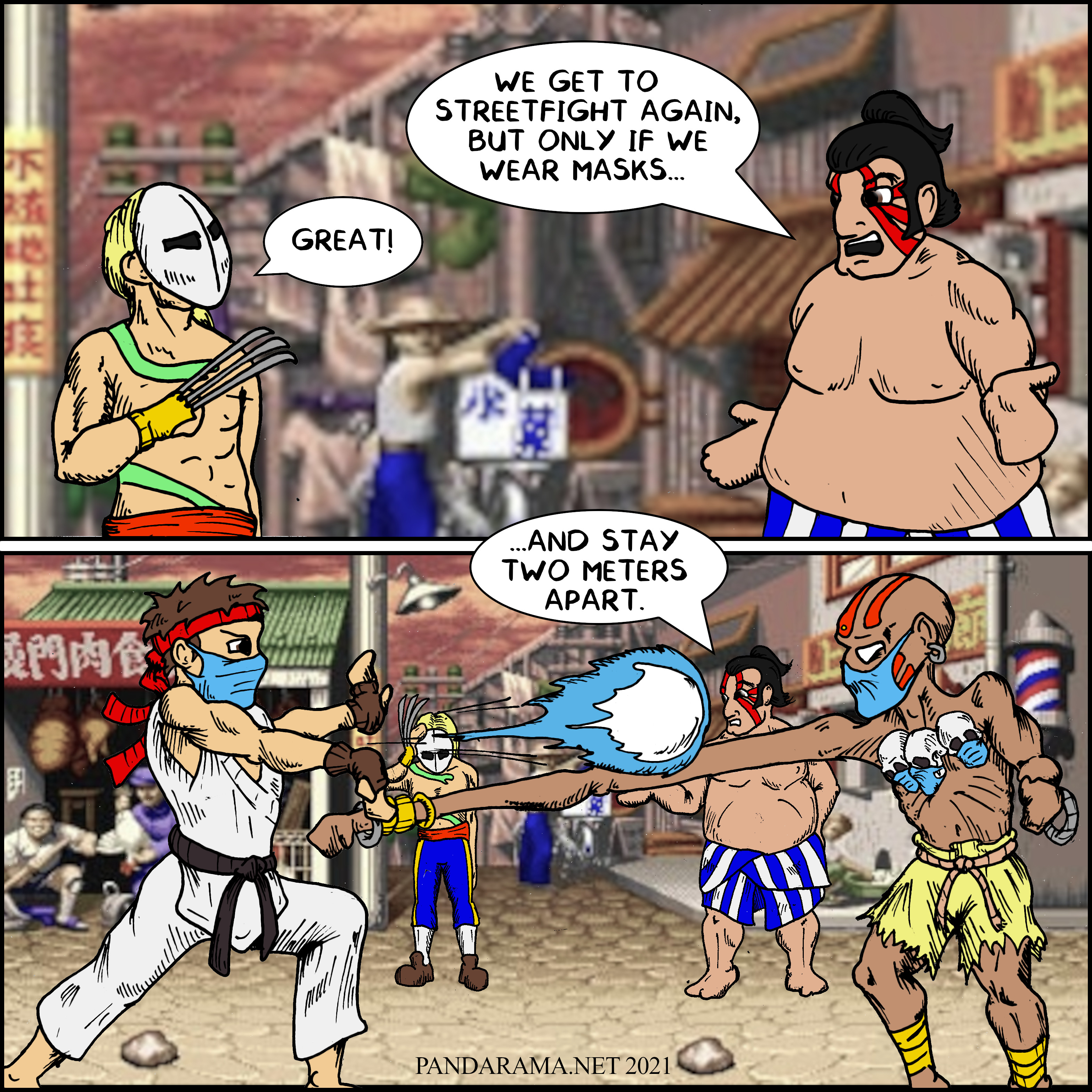 webcomic. During the Covid-19 pandemic, E Honda tells Vega, they can get back to street fighting if they where masks and stay 2 meters apart. reveal Ryu throwing Hadouken at Dhalsim who is kicking with stretchy leg.