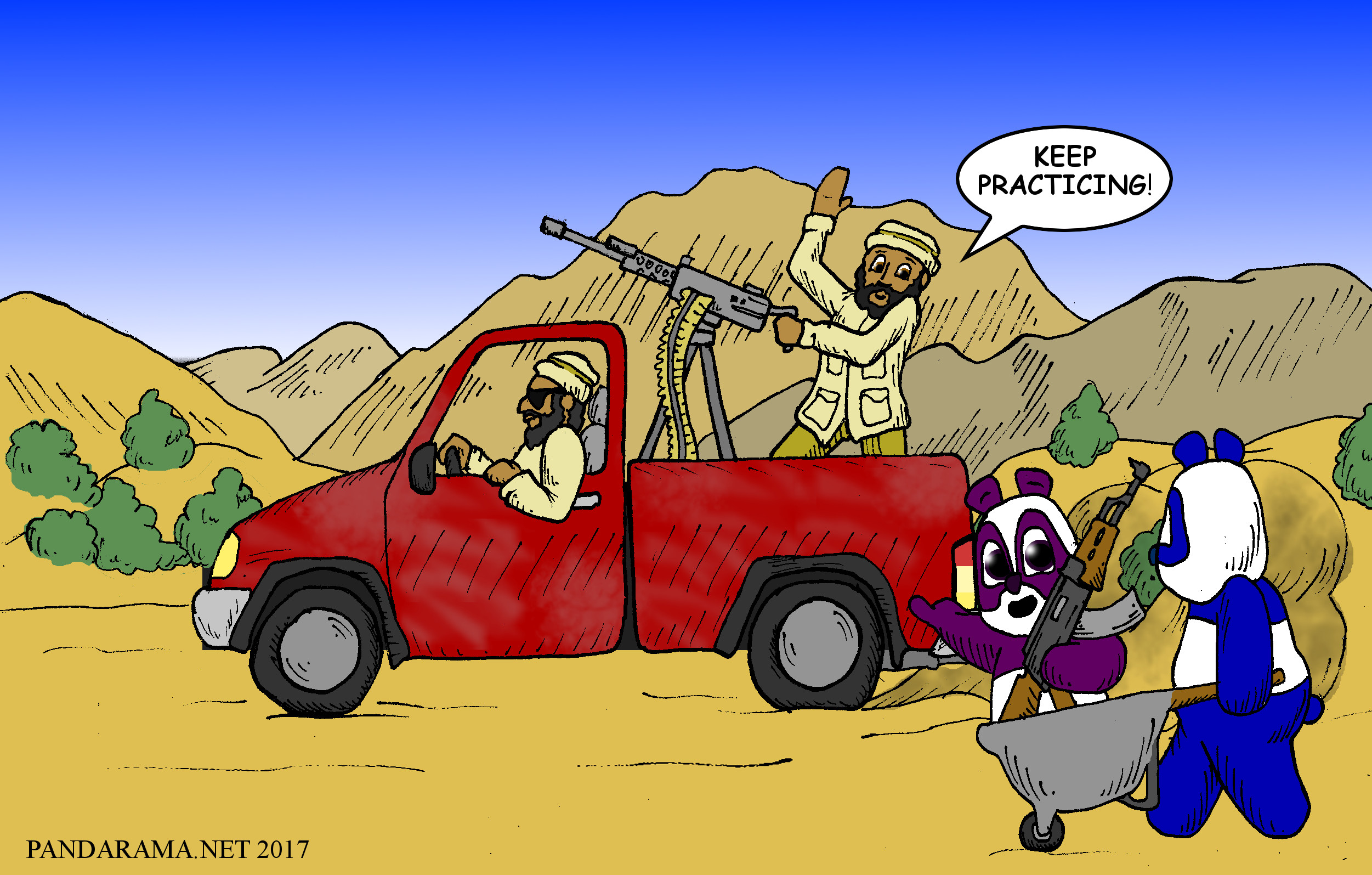 panda pushing a wheelbarrow with another panda in it who is holding an AK-47. A truck with a machinegun mounted to the back drives by, and the gunner encourages the pandas to keep practicing. technical vehicle. m2 machinegun cartoon.
