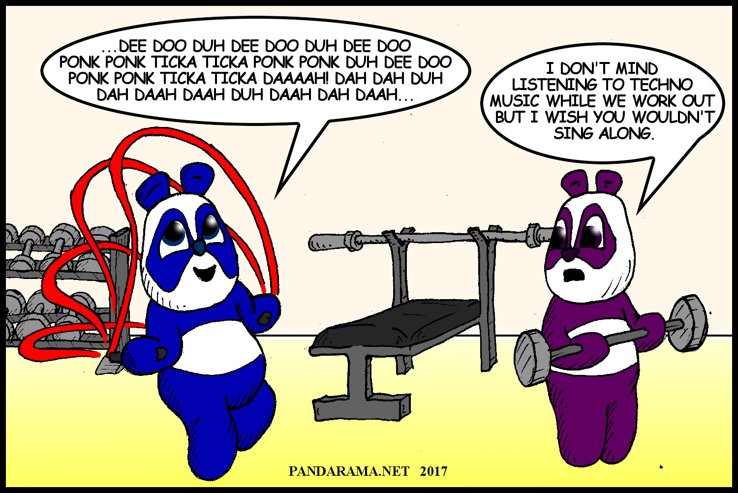 the panda is making nonsense noises because it is singing along with techno. jump rope cartoon. electronic dance music cartoon. phonetic translation.