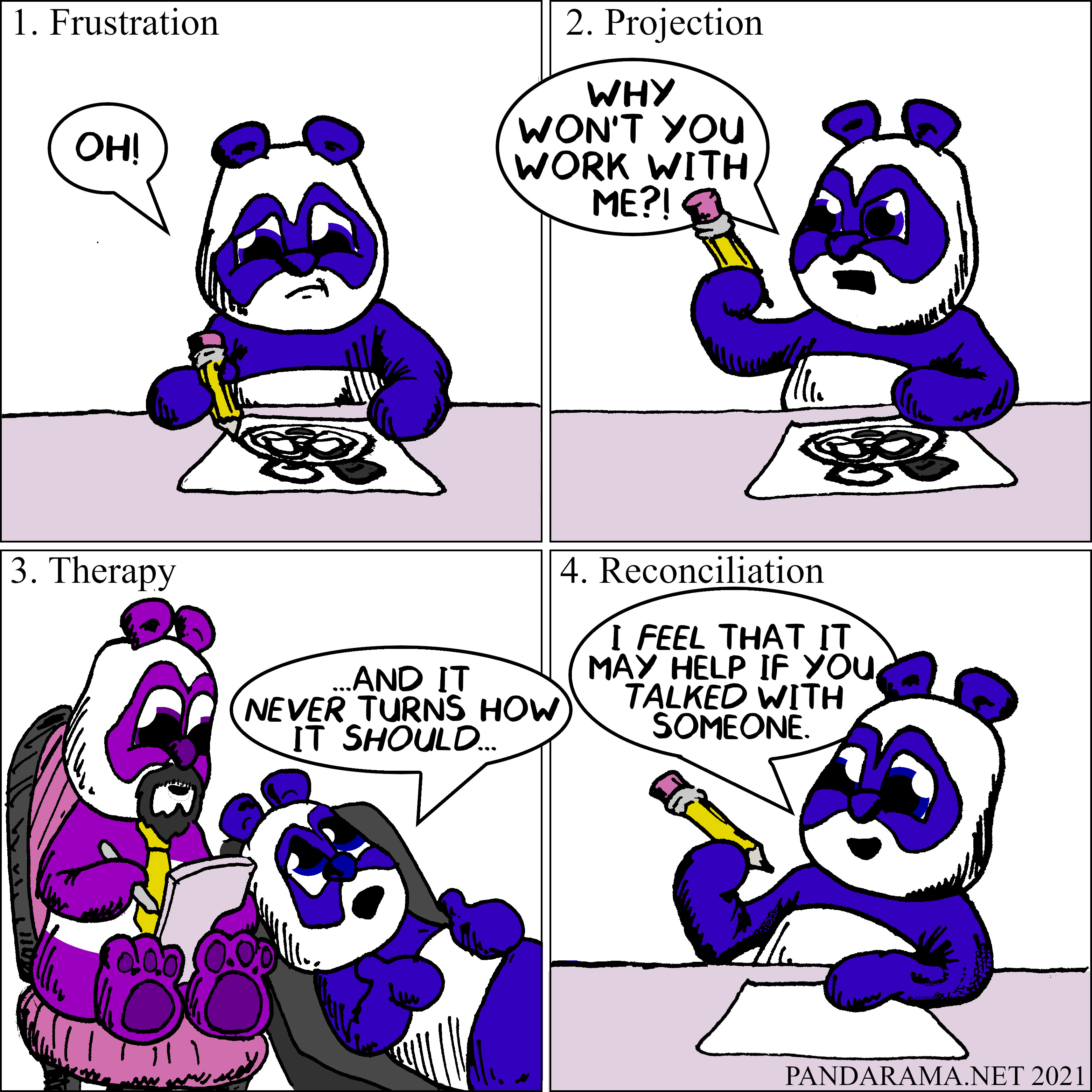 cartoon. panda frustrated with drawing goes to therapy and then tries to convince pencil to go to therapy.