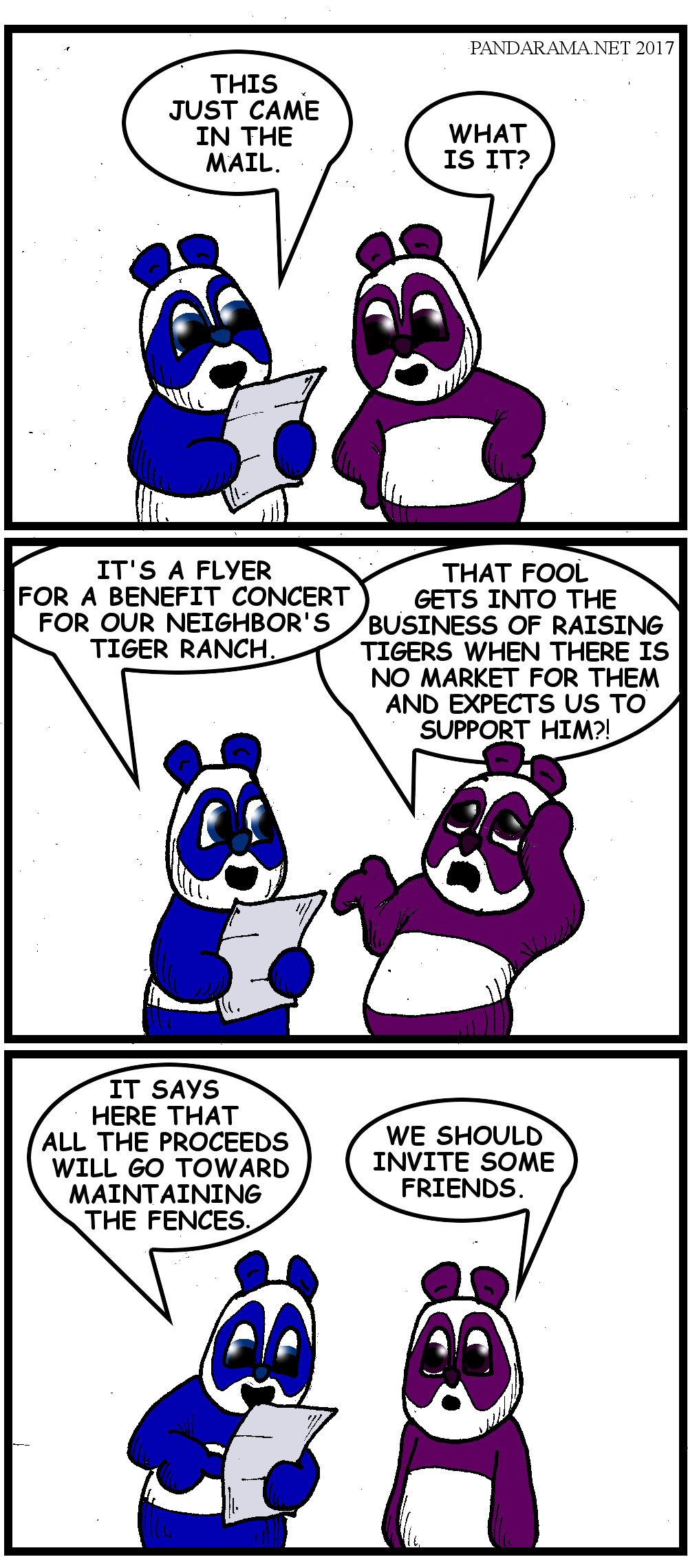 cartoon where pandas support a benefit concert that supports the maintenance of fences at their neighbor's tiger farm.