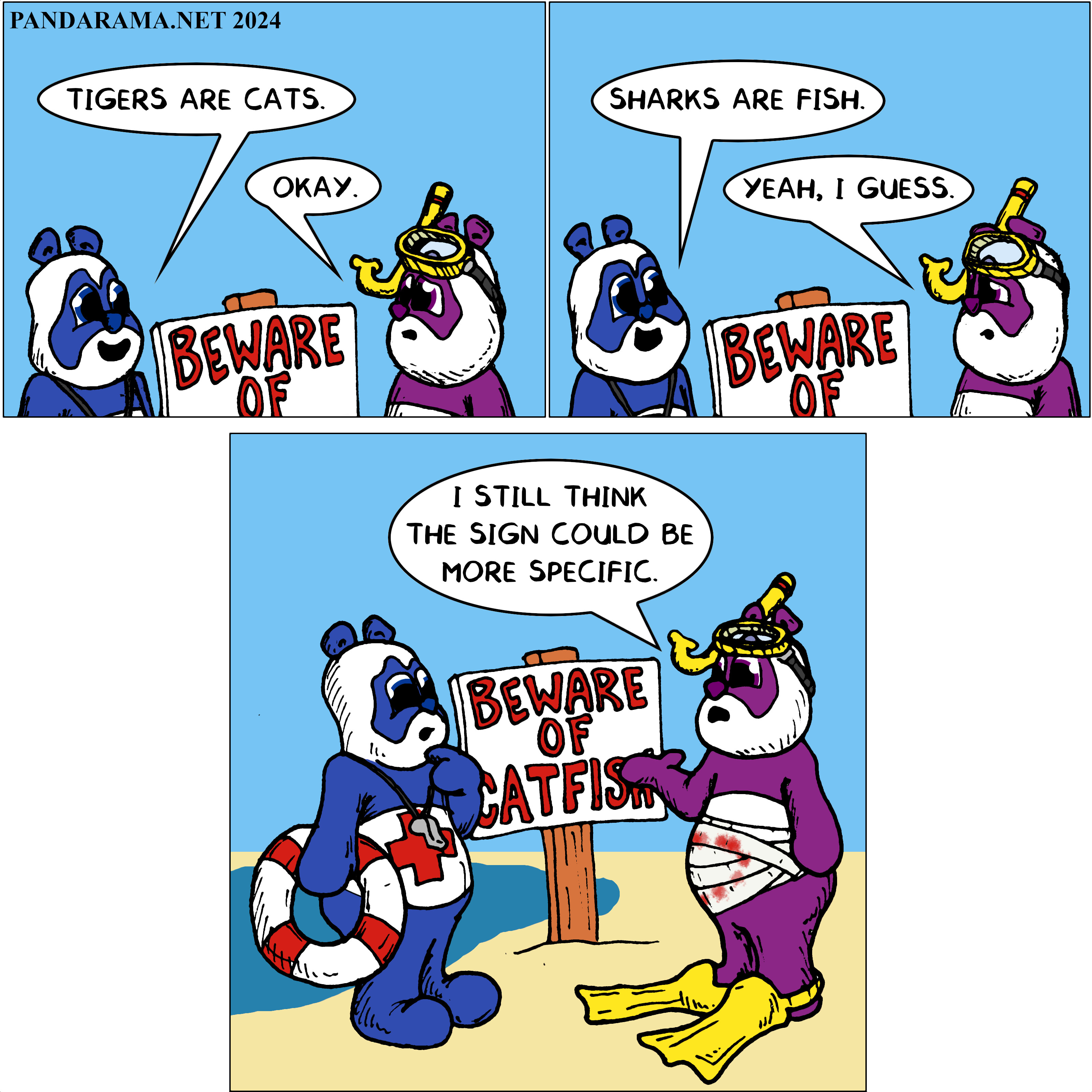 panda comic.pandarama. tigers are cats and sharks are fish, but a sign warning about catfish is misleading.