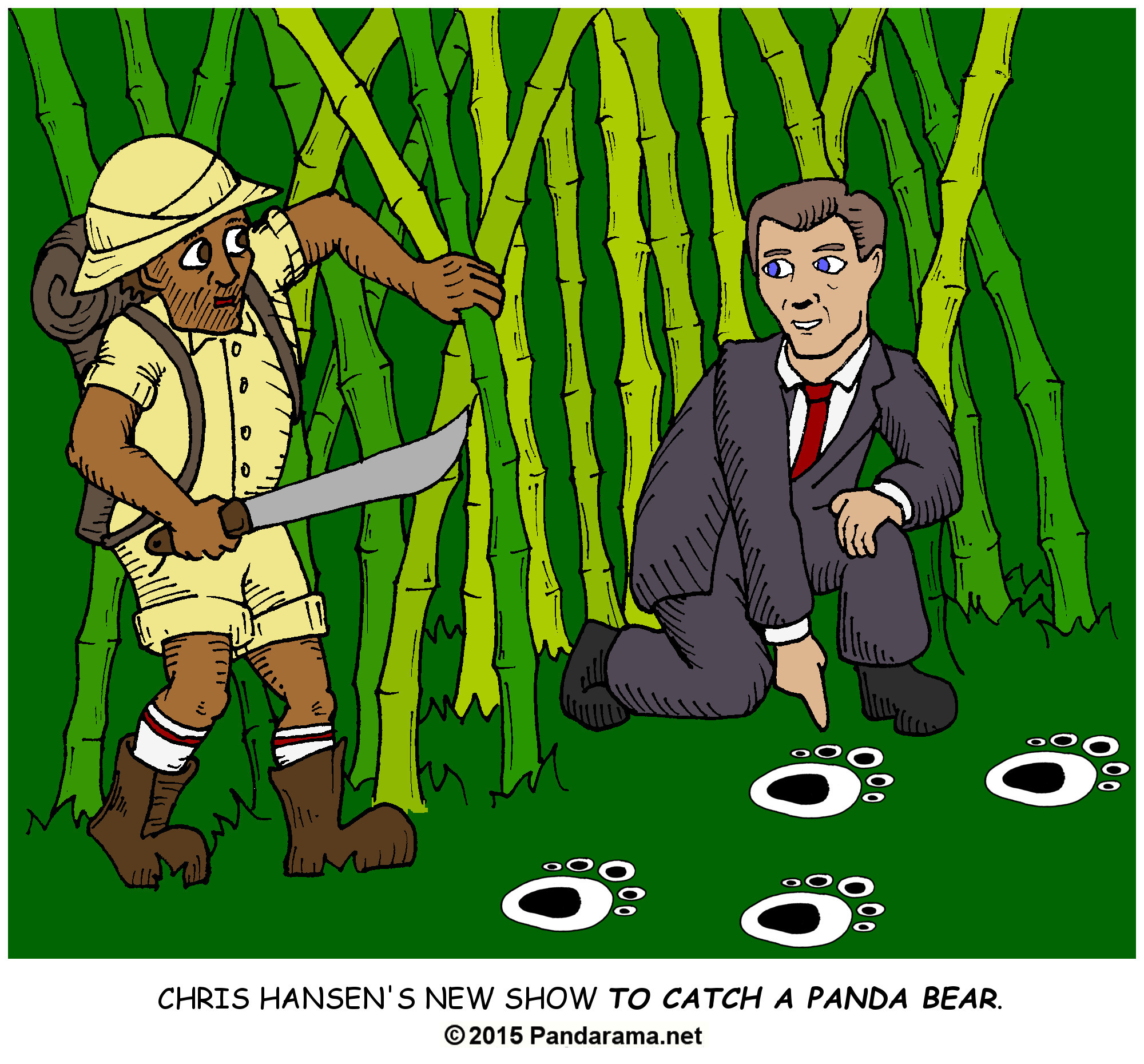 pandorama cartoon of Chris Hansen following black and white tracks in his new show To Catch a Panda Bear. pandatracks tocatchapredator