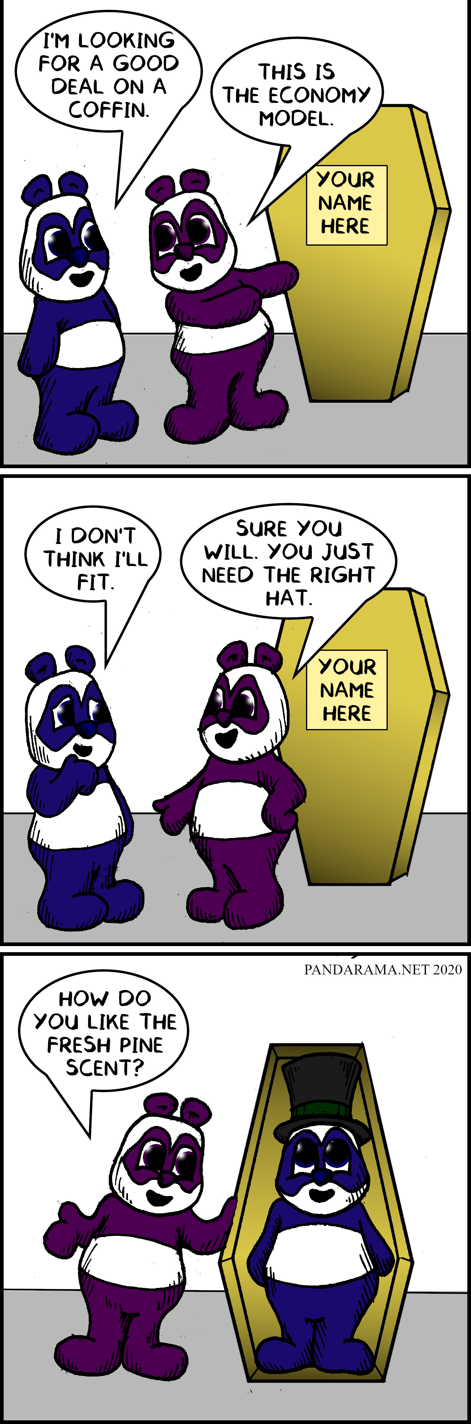 cartoon, webcomic, panda, toe pincher, tophat, pine box, coffin, pandarama.