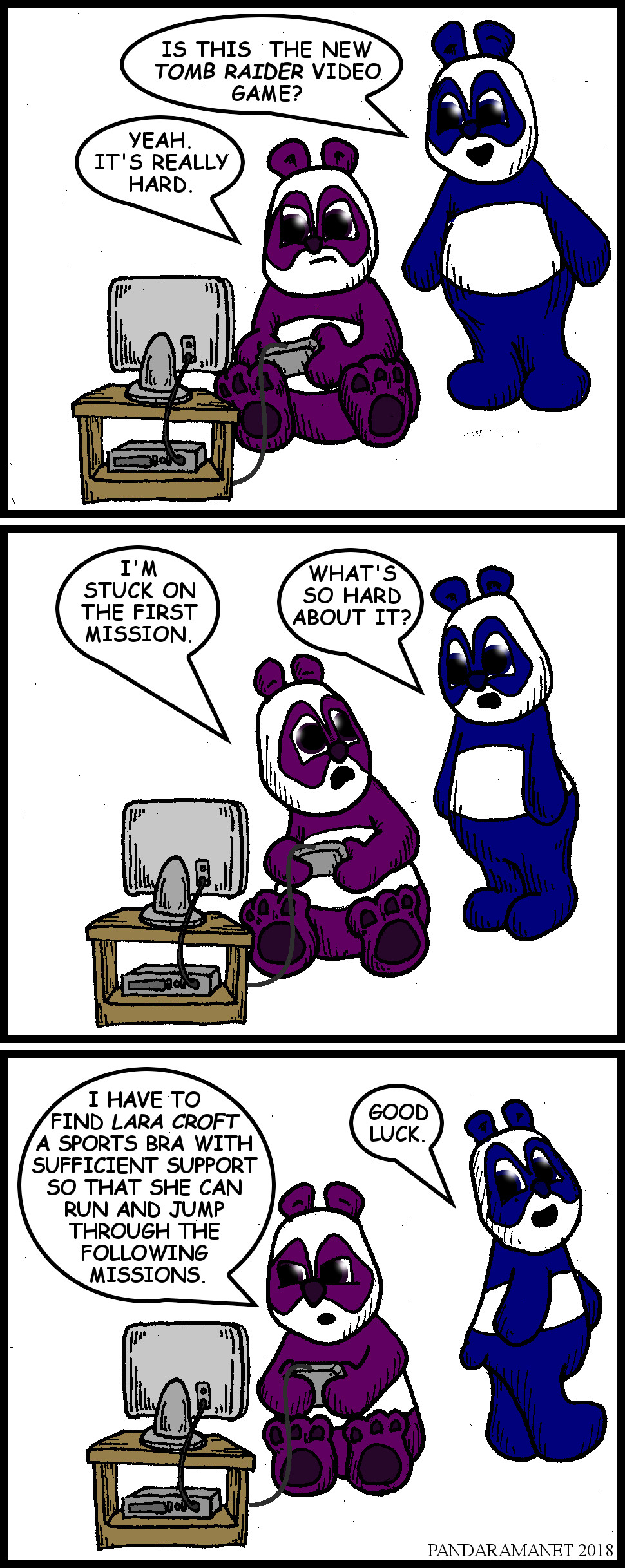 comicstrip where panda is stuck on first level of tomb raider video game, finding a sports bra for lara croft.