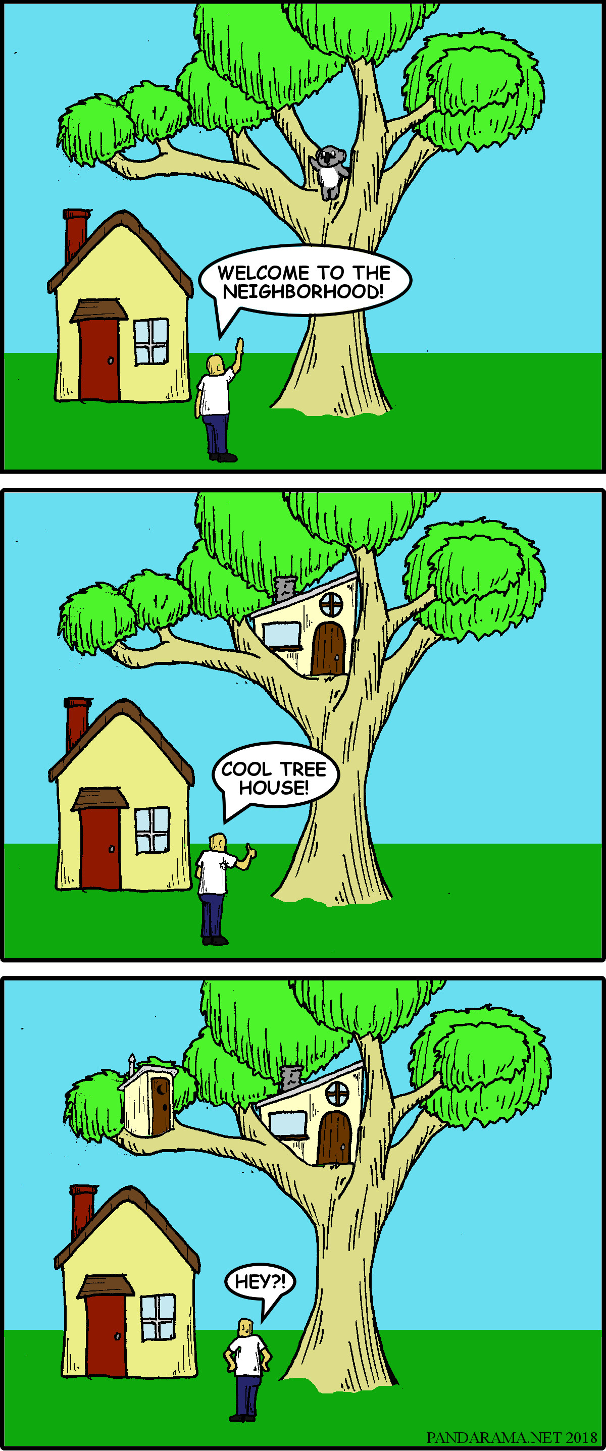 cartoon where a koala builds a tree house and an out house in the tree over its neighbors house.