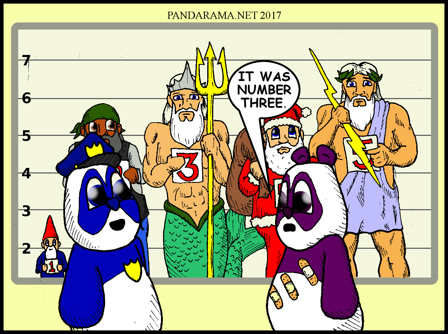 mythology cartoon, panda police, lineup, line up, poseidon, neptune, triton, webcomic. a pandarama cartoon where a panda with three band aids identifies poseidon from a police lineup of mythological figures.