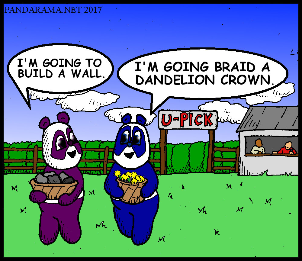 pandas leave a u-pick facility with rocks and dandelions with the intention of building a wall and braiding a crown, respectively. u-pick cartoon.