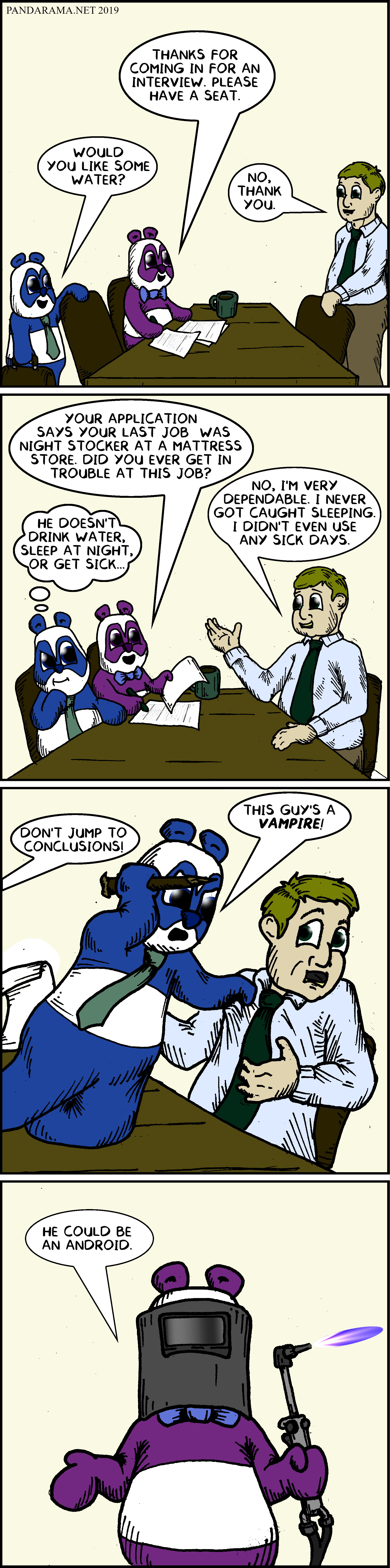 webcomic. job interview. vampire. android. panda.