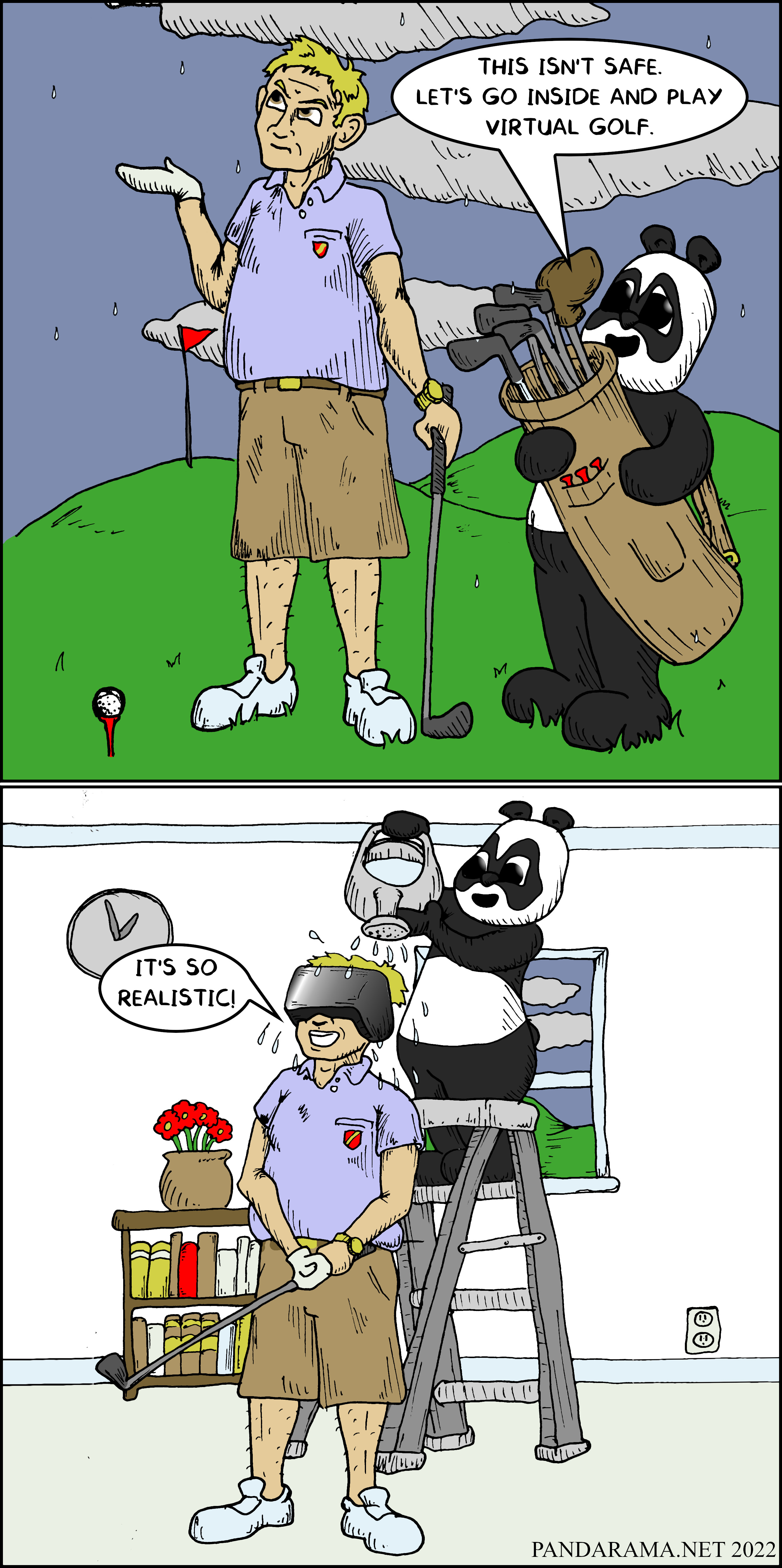 cartoon. too dangerous to golf outside in the rain, play virtual golf inside while panda pours water on golfer's head.