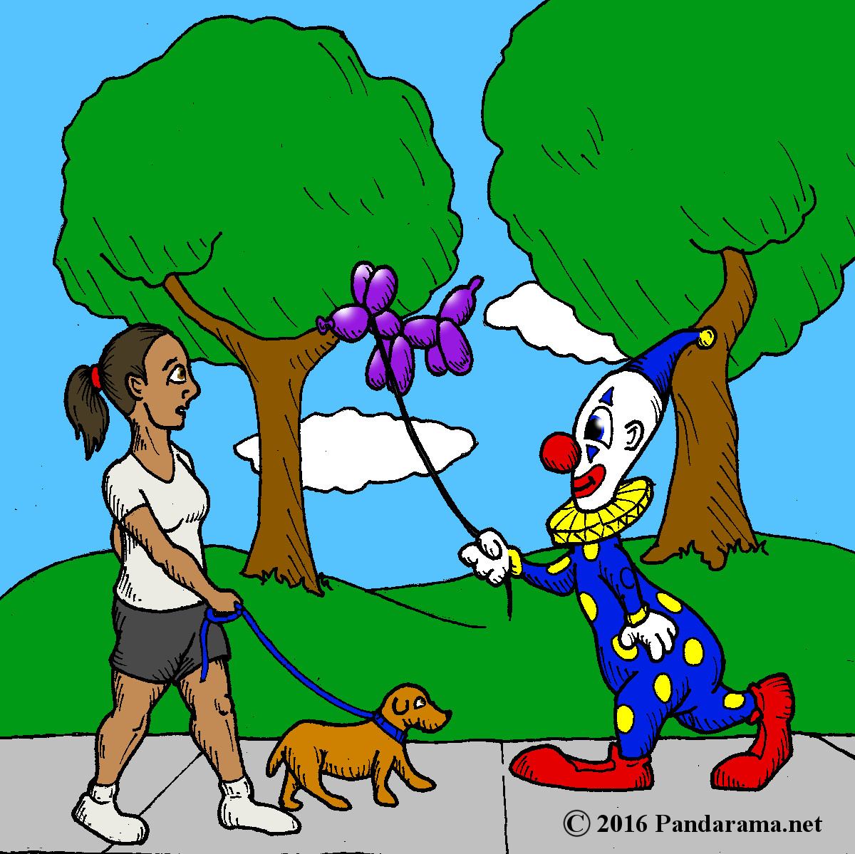cartoon of a clown walking a balloondog; pandarama balloonanimal cartoons.
