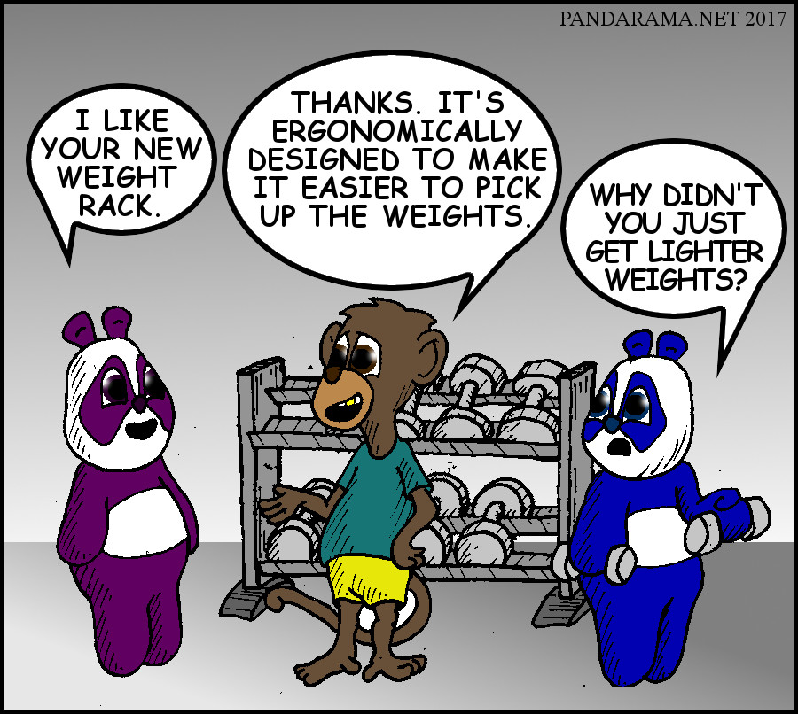 ergonomically designed weight rack makes weights easier to pick up, why not get lighter weights. Pandarama. cartoon panda. monkey cartoon. gym. weightlifting comics.