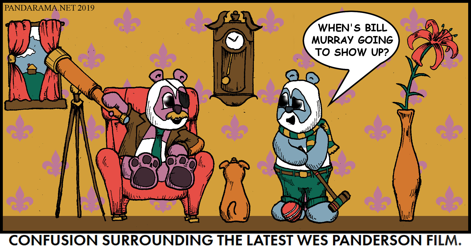 cartoon of pandas in wes anderson style waiting for bill murray appearance. wes panderson.