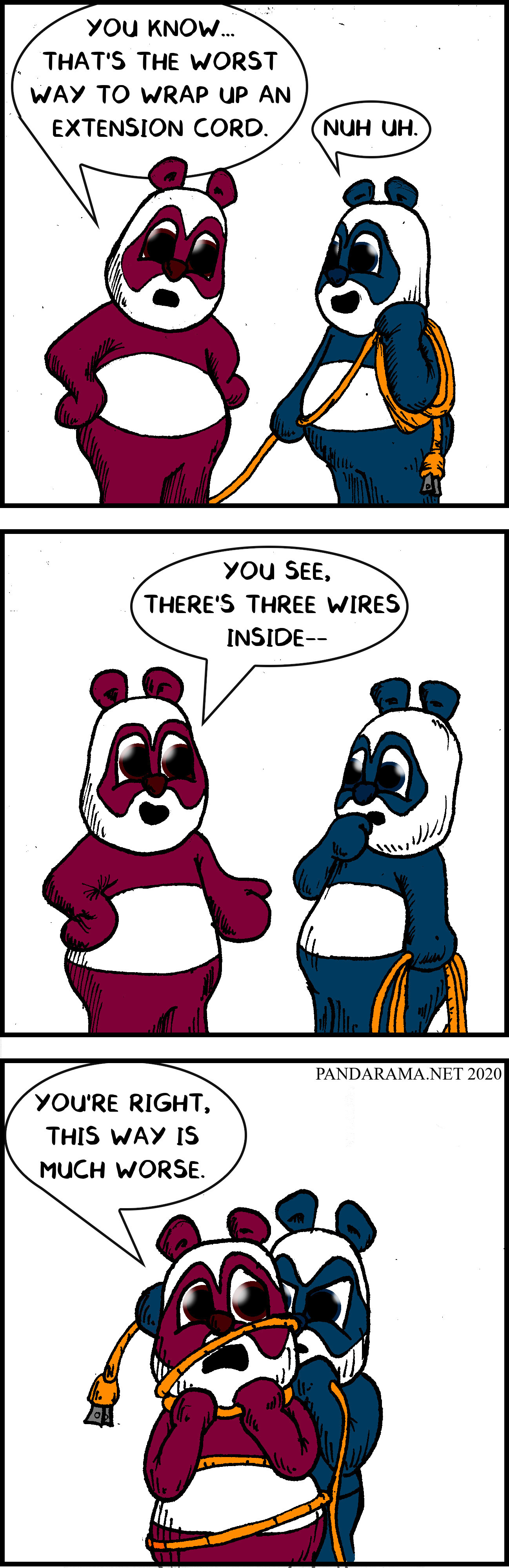 webcomic panda learns that worst way to wrap an extension cord is around the neck.